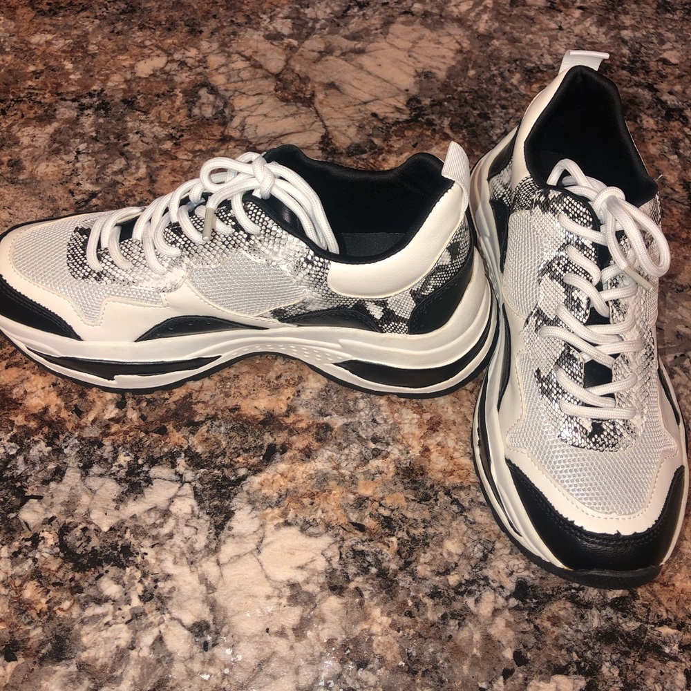 Women’s Black and White Snake Chunky Sneakers
